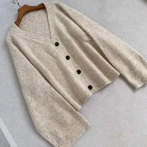 V-neck single button wide sleeve casual loose breathable wool knitted cardigan