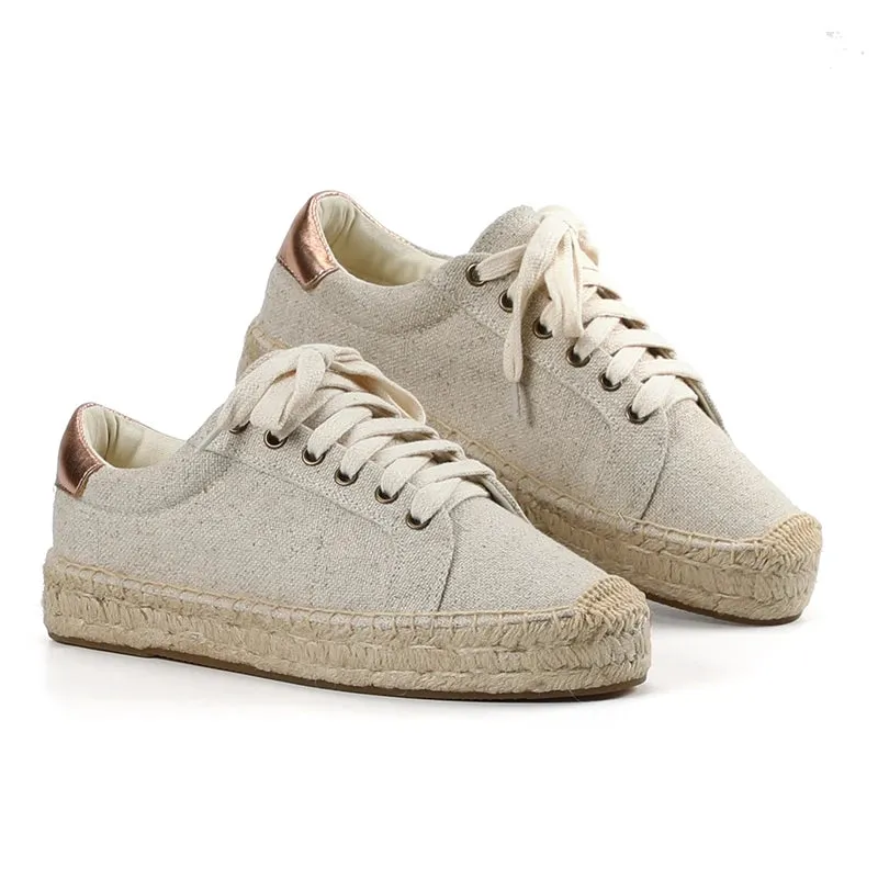 Women's Espadrille Work Shoes 2021 Real Sapatos Platform Cotton Fabric Lace-up Round Toe Solid Woman Espadrilles New Sports