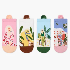 Women's Low Cut Art-Inspired Socks – 4-Pack Elegant Lady & Plant Designs