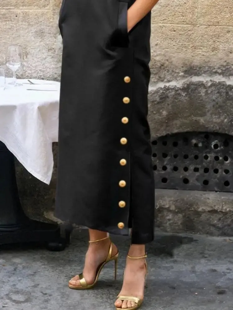 Yeezzi Women Fashion Split-Side Buttoned Stand Collar Evening Dress