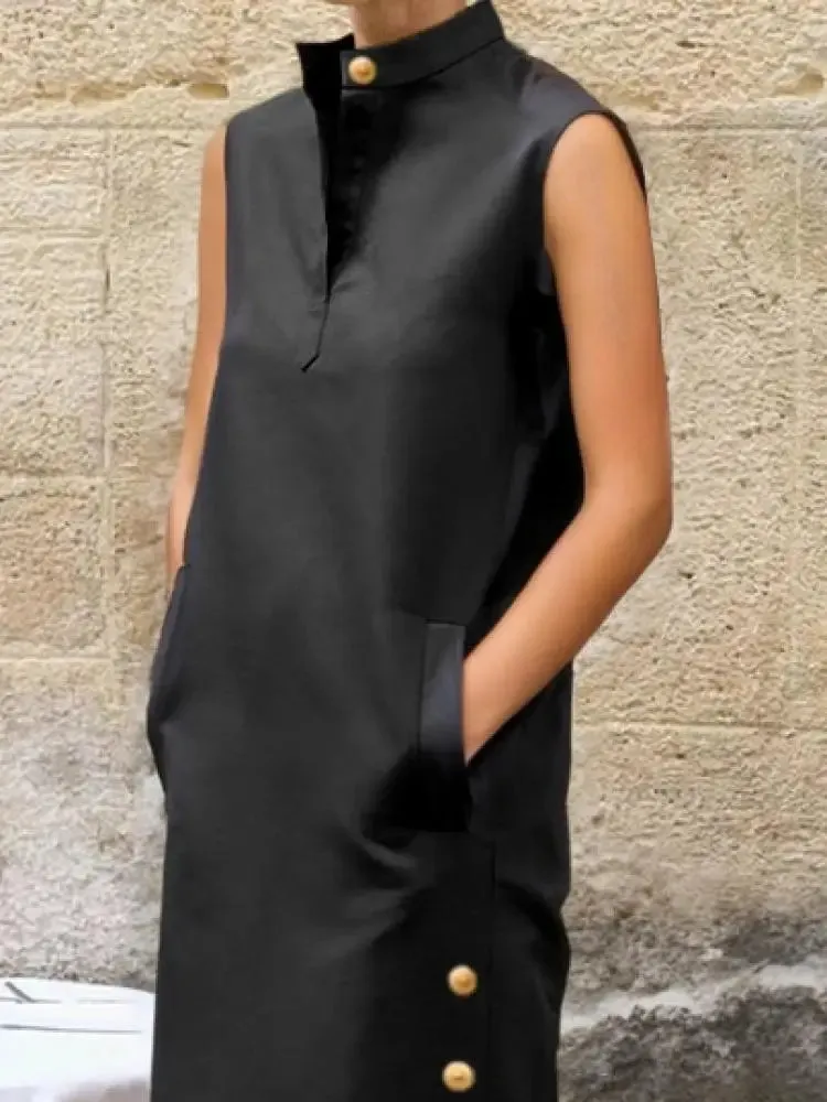Yeezzi Women Fashion Split-Side Buttoned Stand Collar Evening Dress