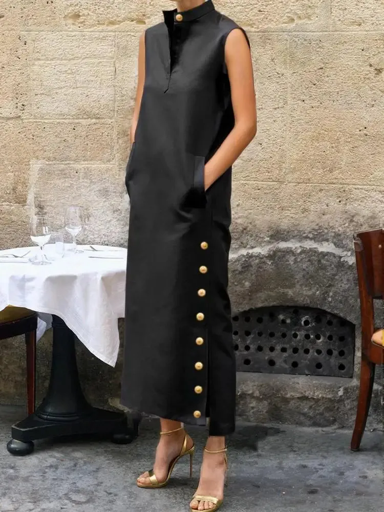 Yeezzi Women Fashion Split-Side Buttoned Stand Collar Evening Dress